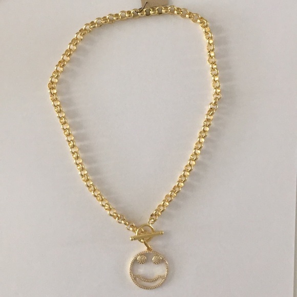 Gold rolo chain with CZ smiley face charm. - Picture 2 of 3